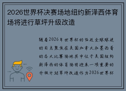 2026世界杯决赛场地纽约新泽西体育场将进行草坪升级改造 2026世界杯决赛场地纽约新泽西体育场将进行草坪升级改造
