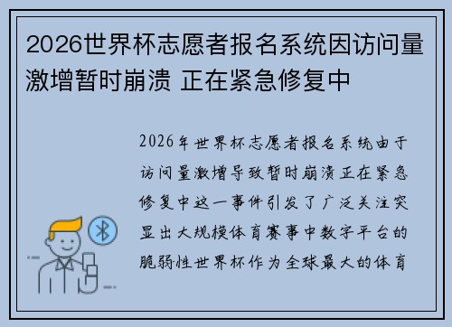 2026世界杯志愿者报名系统因访问量激增暂时崩溃 正在紧急修复中 2026世界杯志愿者报名系统因访问量激增暂时崩溃 正在紧急修复中