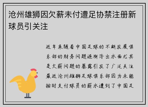沧州雄狮因欠薪未付遭足协禁注册新球员引关注 沧州雄狮因欠薪未付遭足协禁注册新球员引关注