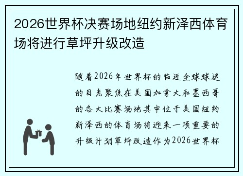 2026世界杯决赛场地纽约新泽西体育场将进行草坪升级改造 2026世界杯决赛场地纽约新泽西体育场将进行草坪升级改造